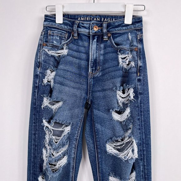 AE American Eagle Mom Jean Distressed Destroyed Mid Rise Stretch Denim Size 0 - Picture 3 of 13
